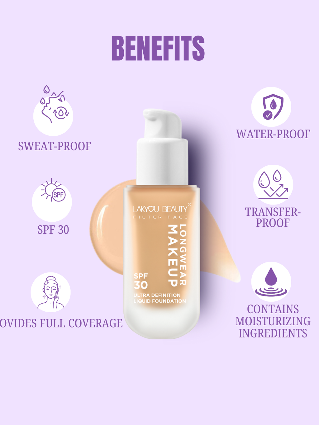 Lakyou Beauty Ultra Definition Liquid Foundation SPF 30 | Longwear | All Skin Tone Foundation