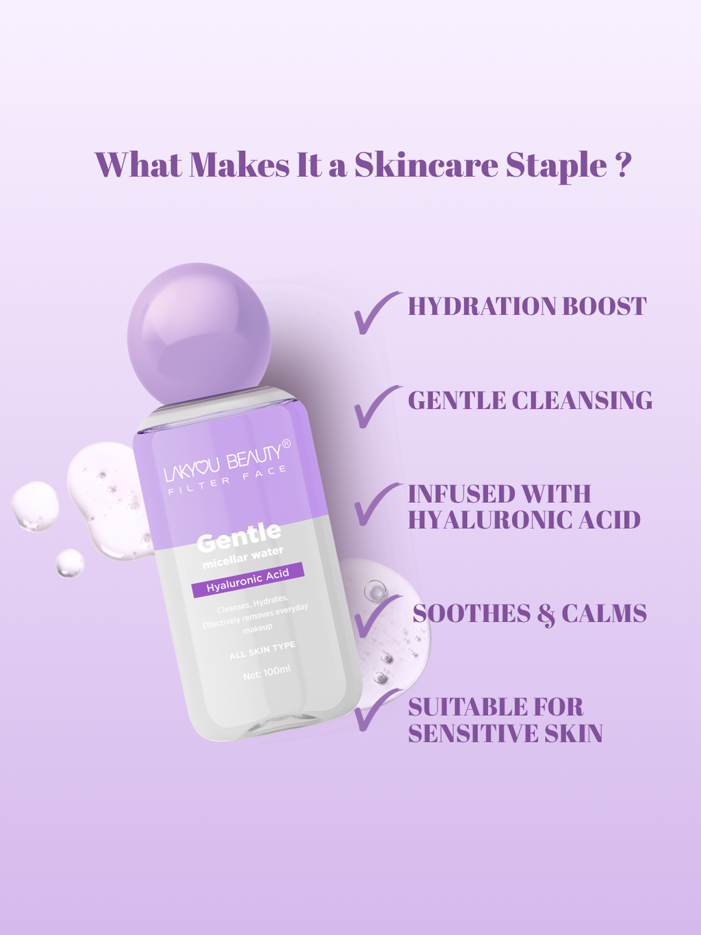 Lakyou Beauty Filter Face Gentle Micellar Water Hyaluronic Acid Cleanses Hydrates Makeup Remover