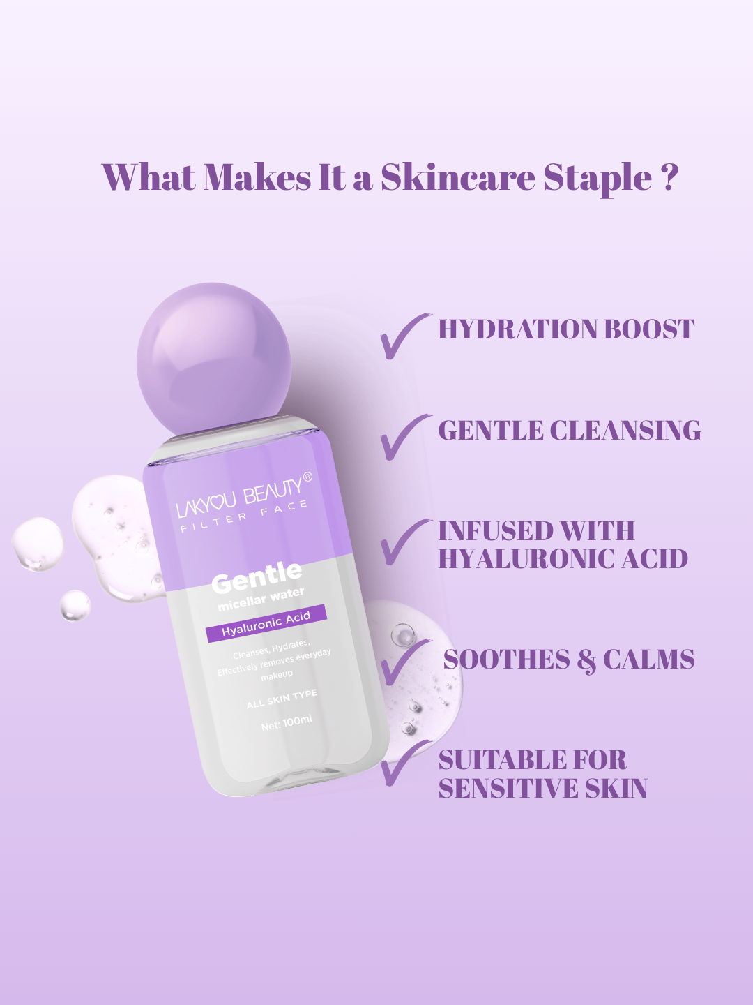 Lakyou Beauty Filter Face Gentle Micellar Water Hyaluronic Acid Cleanses Hydrates Makeup Remover